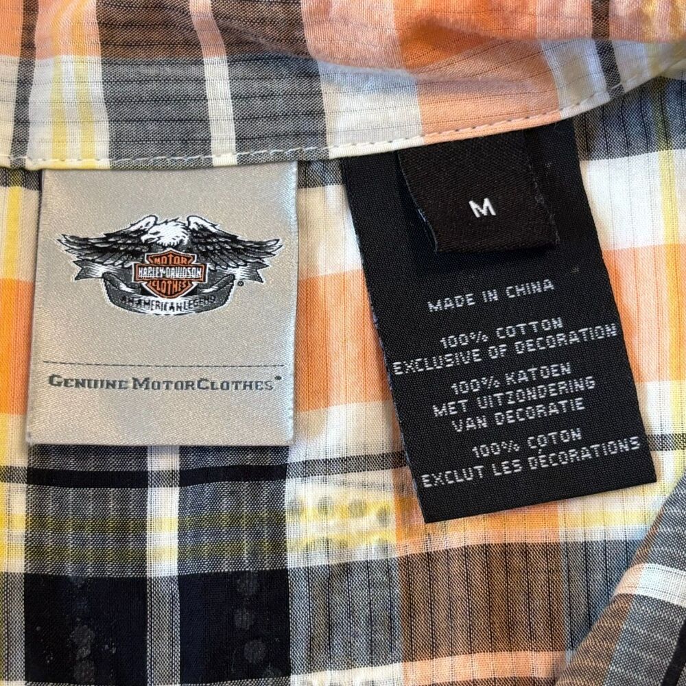 Harley Davidson Button Up Shirt Womens M Orange Plaid Rhinestone Angel Back Logo - Picture 14 of 16